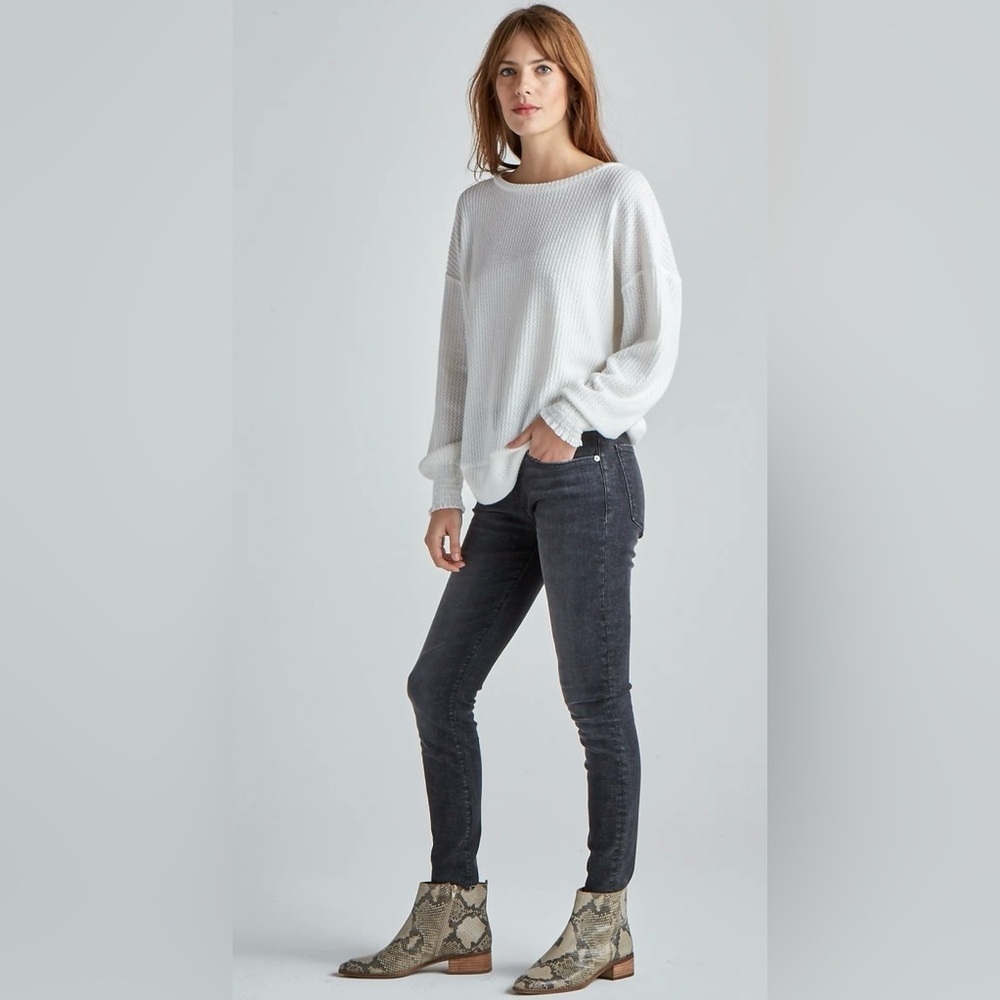 Lucky Brand Cloud Jersey Waffle Top in Marshmallow Large - Scoopneck Long Sleeve
